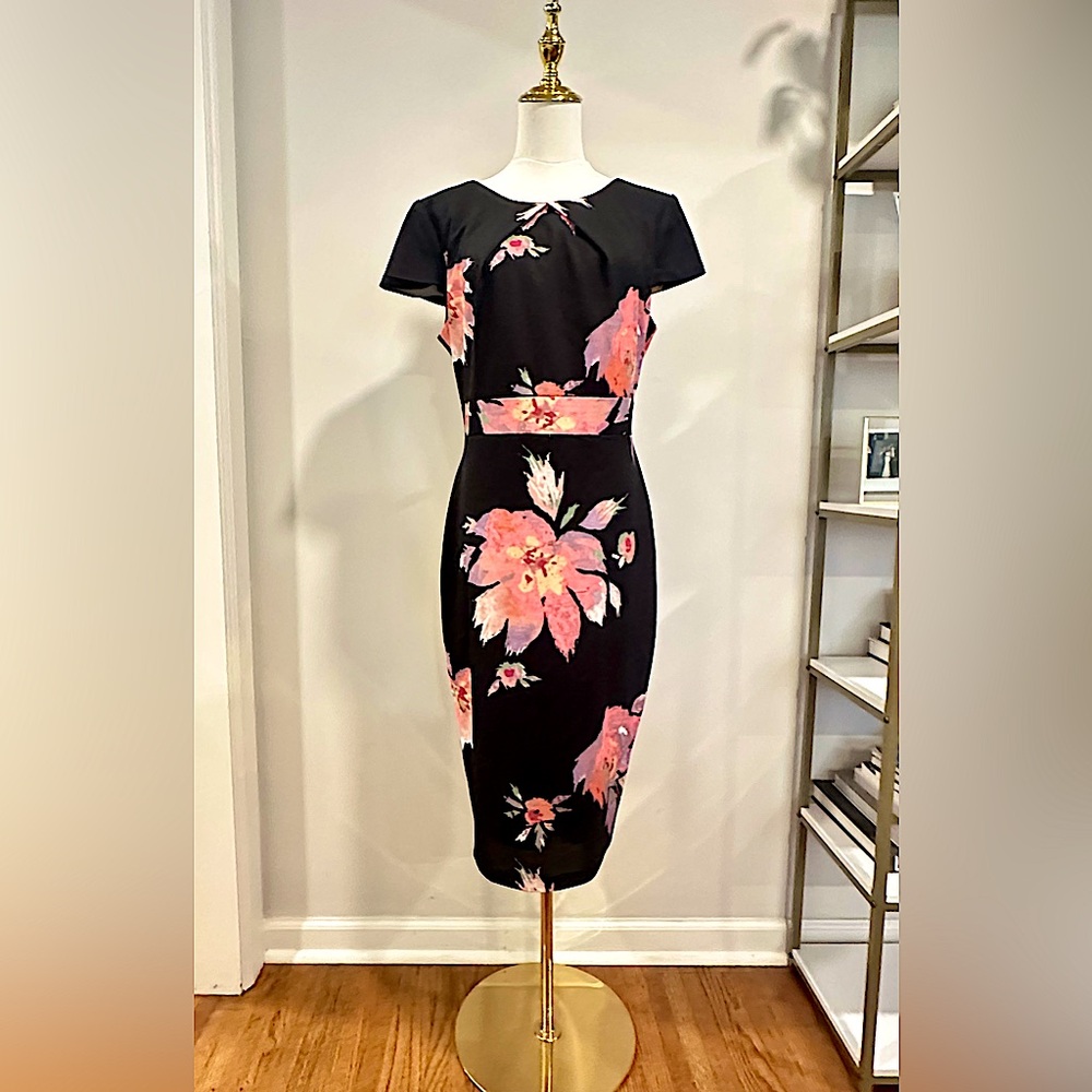 Jax Black Label cap sleeves multi color black pink floral pencil dress midi 12